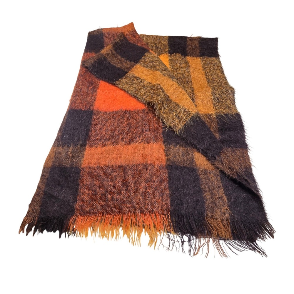 Mohair? Wool Plaid Wrap Scarf Women OS Orange Brown Fuzzy Fringe Shawl Fall Cozy